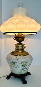 lot 237 image: Vintage Lamp with Porcelain Base With Brass Hardware &amp Floral Motif