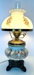lot 238 image: Vintage Lamp with Porcelain Base With Hand-Painted Scene &amp Floral Shade