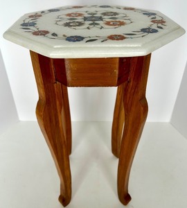 lot 239 image: Inlaid Marble Octagonal Side Table with Carved Wooden Legs