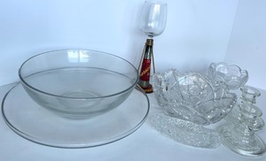 lot 248 image: Crystal Glassware Lot - Cut-Glass Compote bowl, Large Bowl and Candlesticks.