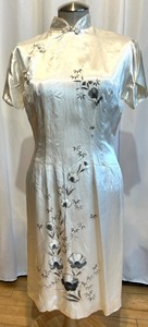 lot 252 image: Vintage Qipao Dress - Satin Ivory Floral Embroidery, Made in Japan, Size M