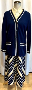 lot 255 image: Vintage Navy Knit Cardigan, Vest, Collared top &amp Striped Maxi Skirt Set - Butte Knit
