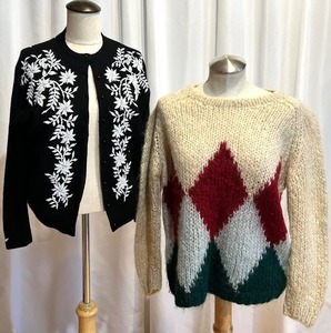 lot 257 image: Vintage Cardigan &amp Sweater - Black Floral Embroidered Cardigan &amp Beige Argyle Knit Sweater
