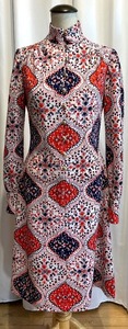 lot 263 image: Vintage Maxi Dress - 100% Polyester, Red Navy and White Paisley Print
