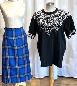lot 264 image: Vintage Two-Piece Outfit - Blue Plaid Wool Skirt &amp Black Embroidered Top