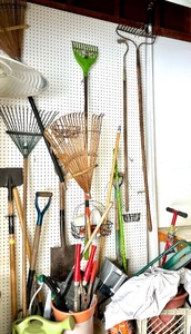 lot 305 image: Garden Tools Lot including Gardena Claw Tiller Pro &amp Shovels &amp Rakes