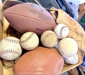 lot 306 image: Sports Equipment Lot - Baseballs, Footballs, Glove & Bat