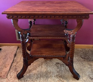 lot 8 image: Antique Eastlake Three-Tier Wooden End Table