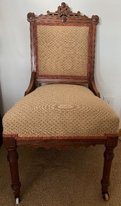 lot 9 image: Vintage Eastlake Style Carved Wooden Parlor Chair - Upholstered Back & Seat