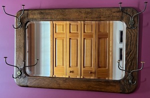 lot 10 image: Antique Mirror - Dark Wood Frame with Integrated Coat  Hat Hooks