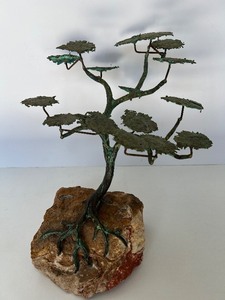 lot 16 image: MCM Bijan Metal Bronze Patina Tree Sculpture on Rock Base