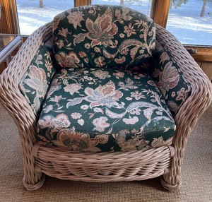 lot 18 image: Wicker Armchair with Floral Upholstery (Green Fabric)
