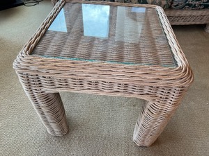 lot 19 image: Wicker Glass-Top Coffee Table with Natural Rattan
