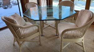 lot 21 image: Rattan Outdoor Dining Set - Glass Top Octagonal Table & 4 Cushioned Chairs