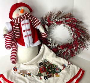 lot 41 image: Snowman Plush, Christmas Wreath & Embroidered Tree Skirt - Holiday Decor Set