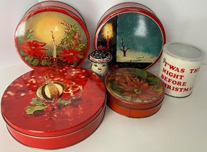 lot 44 image: Vintage Christmas Tins - Round & Cylindrical Decorative Containers