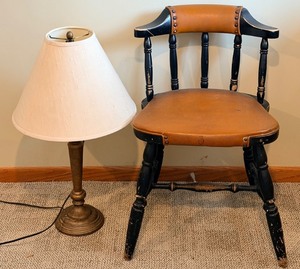 lot 103 image: Chair & Table Lamp - Vintage Black Wood Chair with Leather Seat Table Lamp with Bronze-Toned Base and Beige Shade
