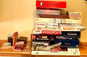 lot 107 image: Brookstone Dartboard &amp Family Board Game Lot - SEE ALL PHOTOS