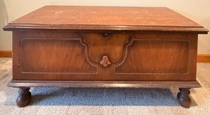 lot 108 image: Antique Wooden Cedar Storage Chest - Lift-Top, Carved Front, Bun Feet