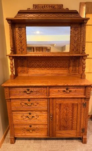 Vintage Oak Sideboard with Hutch & Mirror - Floral Carvings