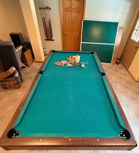 lot 100 image: Pool Table - Green Felt, Wood Frame w Cues & Balls and Includes a Ping-Pong Table Top with Net and Accessories