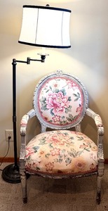 lot 101 image: Armchair & Floor Lamp - Floral Upholstery, Distressed Pale Gray Frame
