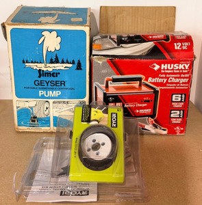 lot 164 image: Three-Piece Lot Simer Geyser Pump, Husky Charger, Ryobi Door Lock Kit