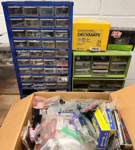 lot 166 image: Blue Hardware Organizer, 2x Green Multi-Drawer Cabinets and many other workshop hardware items