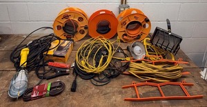 lot 172 image: 3x Bayco Cord Wheel Reels, Legrand Corduct 5 ft Cord Protector Light and More