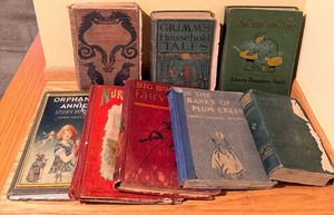 lot 176 image: Vintage Childrens 8 Books Lot including Grimms Household Tales, Little Women &amp On the Banks of Plum Creek and more.