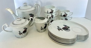 lot 190 image: Arita Hand Painted Japanese Porcelain Tea Set with Rickshaw Motif