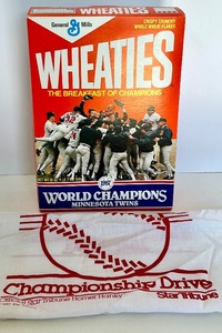lot 191 image: 1987 Minnesota Twins World Champions Wheaties Box and Star Tribune Championship Drive Hanky