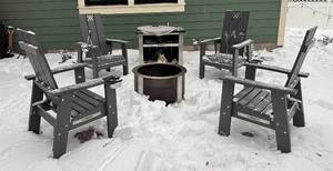 O - Breeo Outdoor Patio Set with 4 Adirondack Chairs, Fire Pit and Wood Storage Table