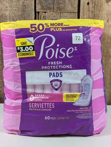 lot 72 image: Poise Maximum Absorbency Incontinence Pads -Maximum Long - 60ct