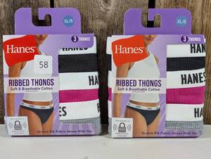 lot 58 image: Hanes Womens Soft & Breathable Ribbed Cotton Thongs, Extra Large, 3 pk  (set of 2)