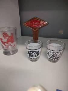 lot 10 image: Red Rooster Shot Glass, Grain belt beer handle, Vote Dry shot glasses
