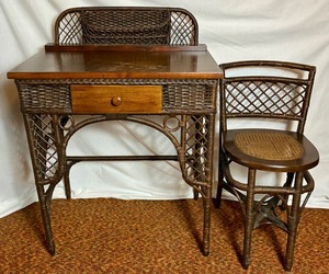 lot 12 image: Ypsilanti Furniture Co. Antique Wicker Desk and Chair