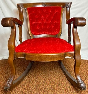 lot 15 image: Antique Upholstered Hoof Design Rocking Chair