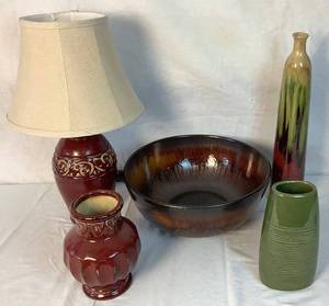 lot 31 image: Pottery Collection - Burgundy & Greens - Lamp, Vases and Bowl