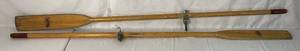 lot 30 image: Vintage Row Boat Oar Set with Feather Brand Caviness Oak Locks Woodworking Co. 7 Long
