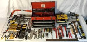 lot 48 image: Dads Toolbox Collection - Craftsman 3 Drawer Tool Chest with Assorted Tools, Ryobi 38 DriverDrill   2 - 12V Batteries & Charger Model  CTH1202 and Century Battery Charger