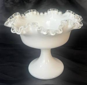 lot 34 image: Fenton Silver Crest Milk Glass Ruffled Pedestal Bowl