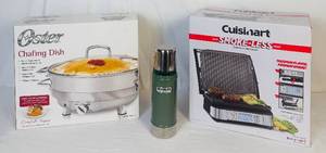 lot 45 image: Kitchen Small Appliances with Stanley Classic Vacuum Green Bottle, Cuisinart (NIB) and Oster Chafing Dish (NIB)
