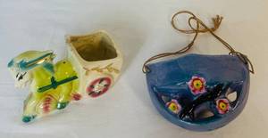 lot 51 image: Vintage Japanese Hand Painted Hanging Flower Frog and Donkey with Cart Ceramic Planter