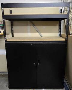 lot 19K image: G - Locking Tool Cabinet with Keys, Upper Shelving, and 5 Extra 24x48 Inch Plywood Sheets