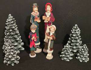 lot 212K image: LL-CL - Mervyns 1996 Caroler Figurines and Ceramic Snowy Trees Set