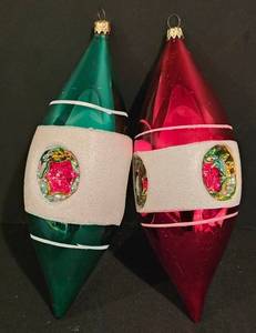 lot 213K image: LL-CL - Pair of 9.5 Inch Vintage Teardrop Reflector Christmas Ornaments