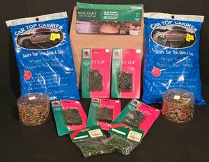 lot 226K image: LL-CL - Holiday Tree Decorating Accessories Lot with Clips, Hooks, Beaded Garland, 26in Fabric Tree Collar, and Car Top Carriers