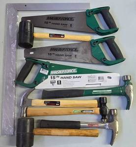 lot 267K image: G - Hand Tool Lot with 3 Masterforce Hand Saws, Mallets, Hammers, and Metal Square