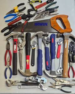 lot 283K image: G - Collection of Hand Tools Including Hammers, Wrenches, Pliers, and Irwin Handsaw